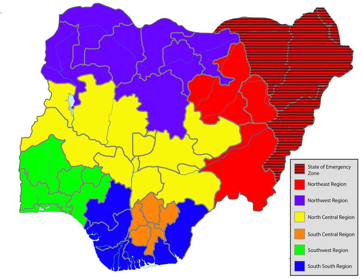 карта Нигерији са назнаком свих држава