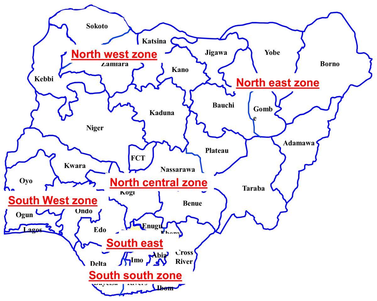 карта Нигерији са назнаком шест геополитичких зона