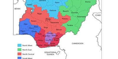 Карта Нигерији са назнаком геополитичких зона