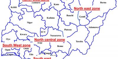 Карта Нигерији са назнаком шест геополитичких зона